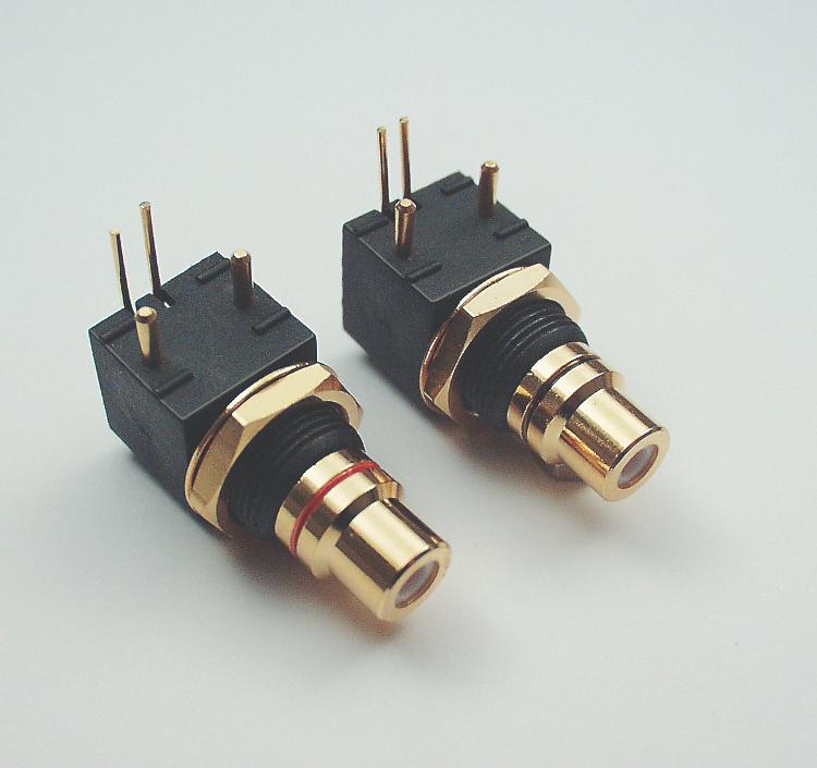 RCA socket, PCB type 90°, gold plated contacts, black color ring