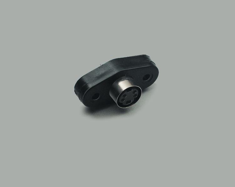 Mini-DIN Einbaubuchse 6-polig, mit Flanschbefestigung, Kunststoffgehäuse schwarz, Printmontage möglich