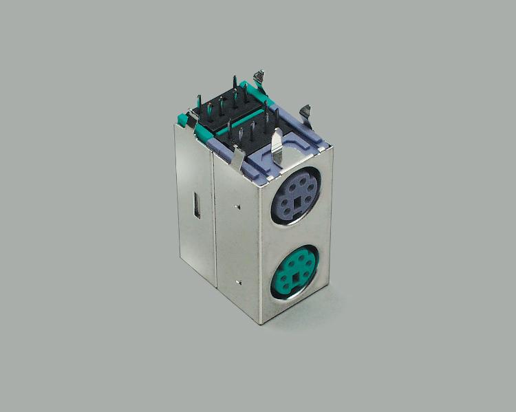 Mini-DIN socket, 2x6-pin, green-purple, shielded, PCB type 90°