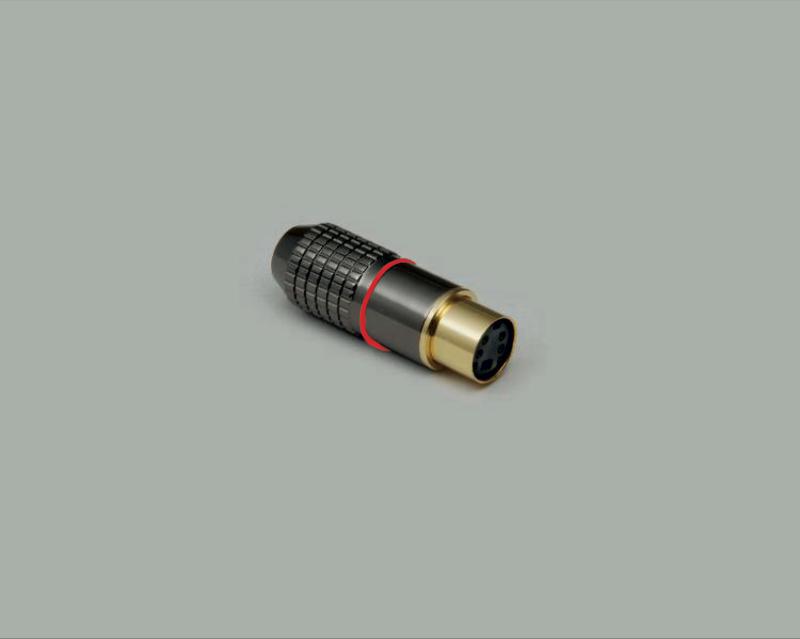 Mini DIN-Kupplung, hochwertige Ausführung, Anschlüsse und Kontakte vergoldet, Kennring Rot, 4-polig