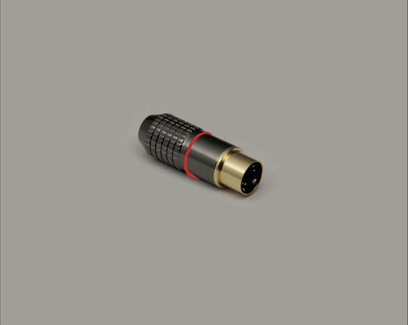 Mini DIN-Stecker, hochwertige Ausführung, Anschlüsse und Kontakte vergoldet, Kennring Rot, 4-polig