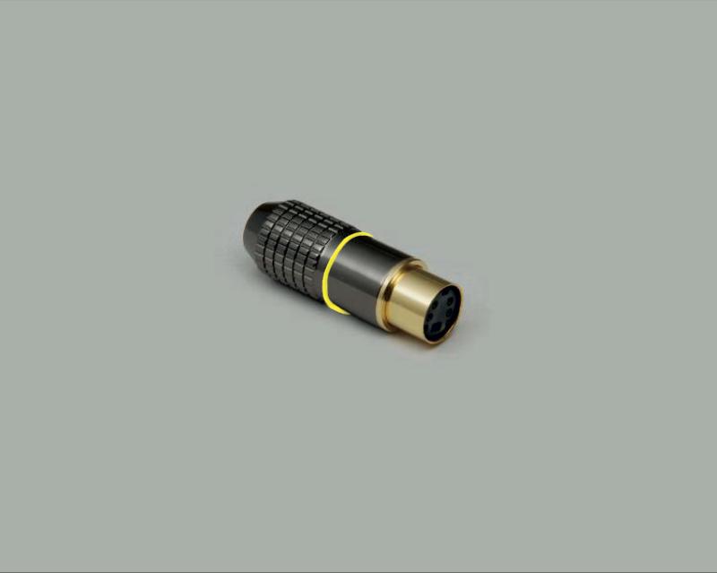 Mini DIN-Kupplung, hochwertige Ausführung, Anschlüsse und Kontakte vergoldet, Kennring Gelb, 4-polig