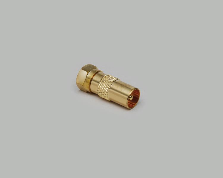 F-plug to coax plug adapter, fully gold plated, Delrin