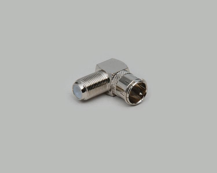 right angled F-quick plug to F-jack adapter, Delrin, 75 Ohm