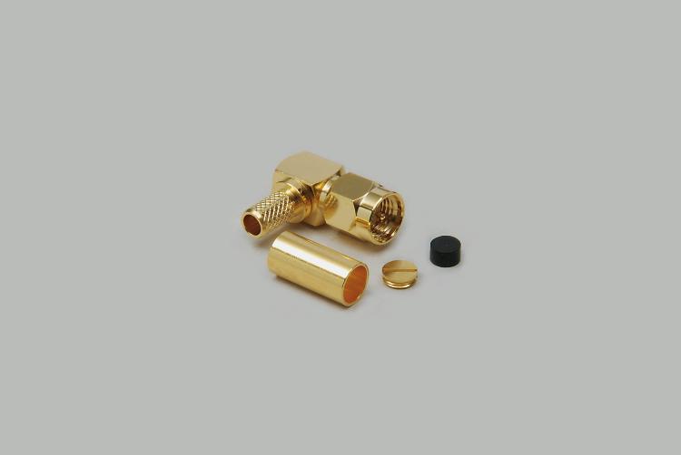 right angled SMA plug, crimp type, fully gold plated, RG 58/U, Teflon 50 Ohm
