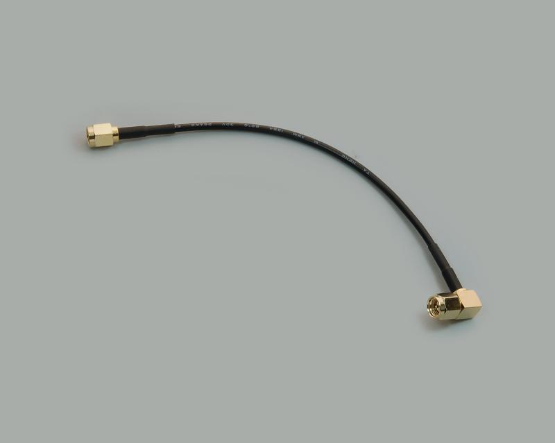 SMA adapter, plug straight to plug right angled, cable RG174, 15cm