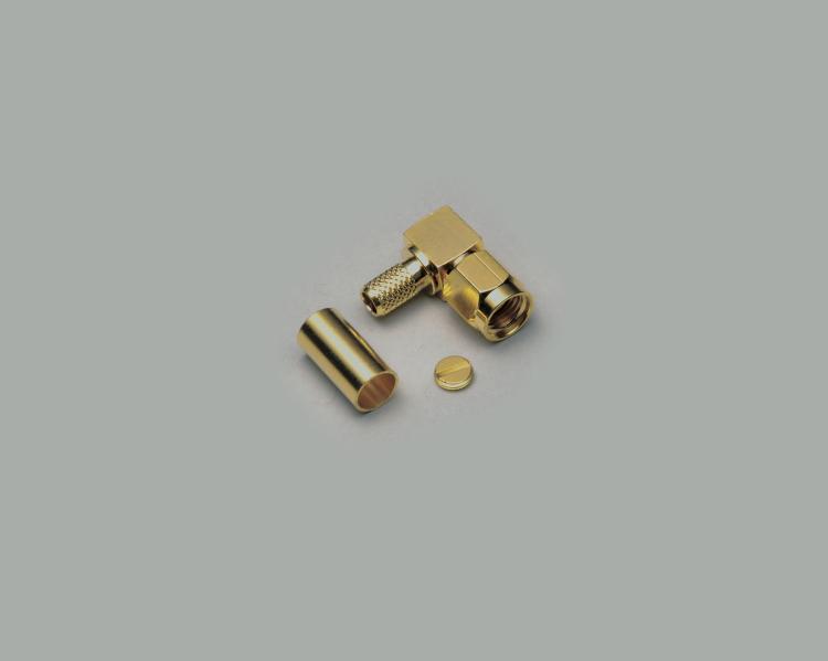 right angled SMA reverse plug, crimp type, fully gold plated, RG 174/ 316/U, Teflon, 50 Ohm