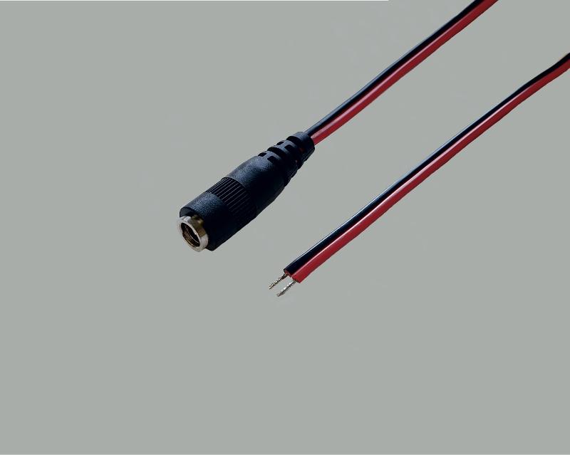low power cable (twin), Ø 2x0,75mm² (2x67x0,12mm), low power socket 2,5/5,5mm to stripped and tinned ends, black/red, length 2,0m