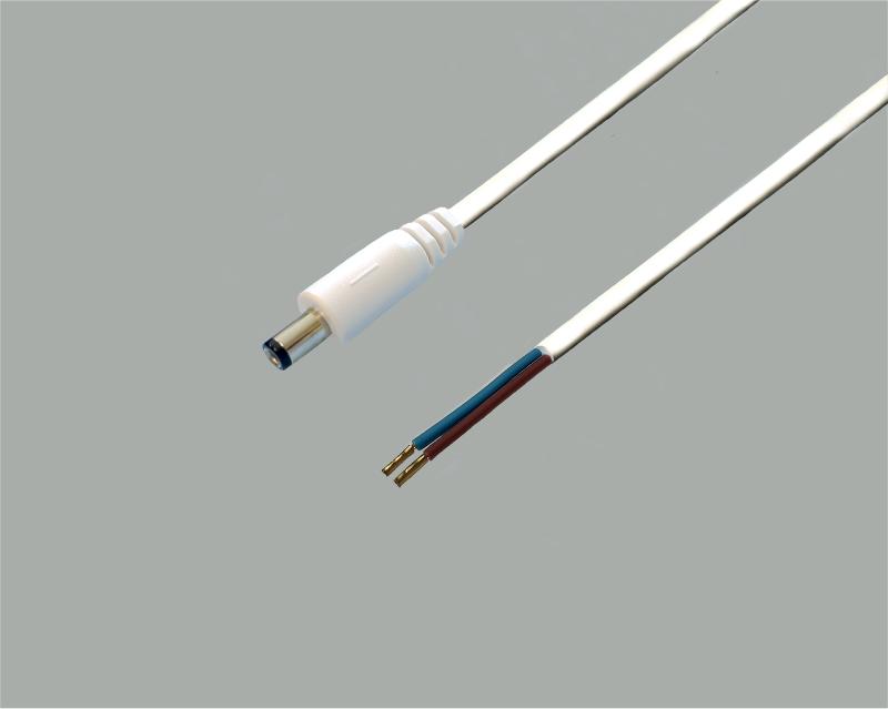low power cable, Ø 2x0,5mm² (2x18x0,19mm), low power plug 2,1/5,5/9,5mm to stripped ends with wire termination, white, length 2m