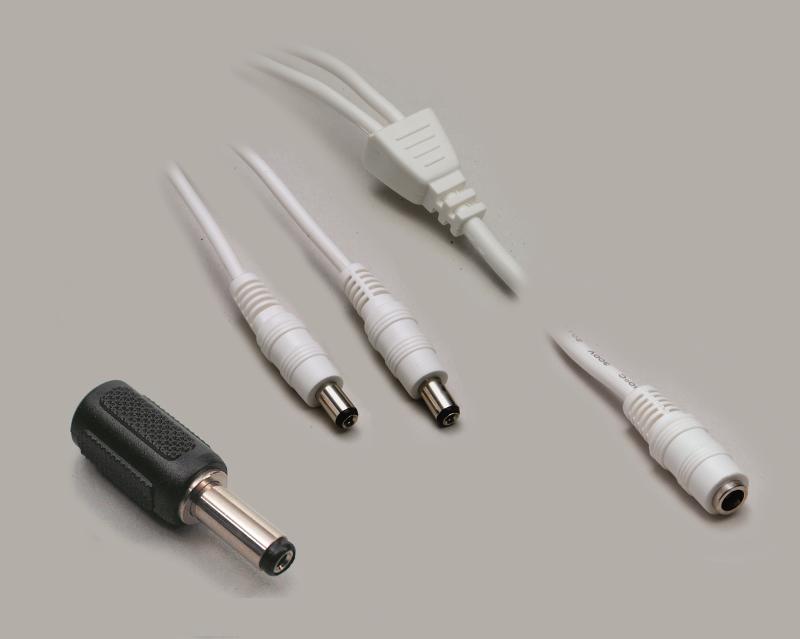dc set, dc splitter color white (1,1m) 1x jack 2,5/5,5mm to 2x plug 2,5/5,5mm + dc adaptor plug 2,5/5,5mm to jack 2,1/5,5mm