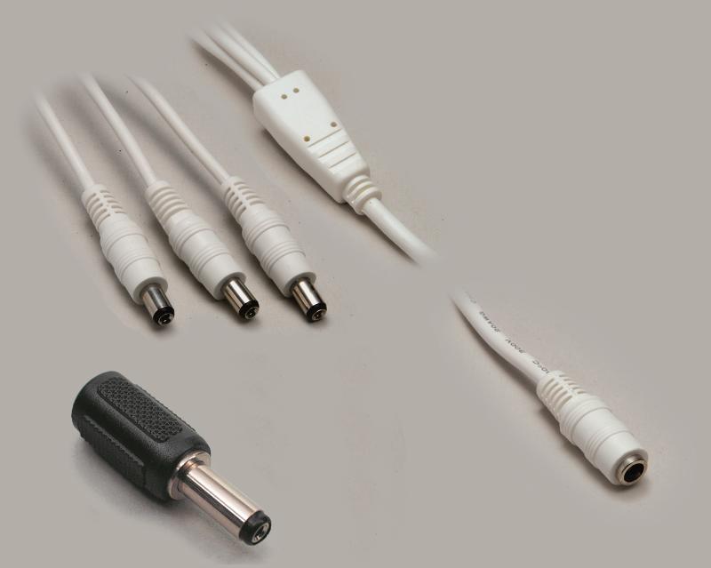 dc set, dc splitter color white (0,35m) 1x jack 2,5/5,5mm to 3x plug 2,5/5,5mm + dc adaptor plug 2,5/5,5mm to jack 2,1/5,5mm
