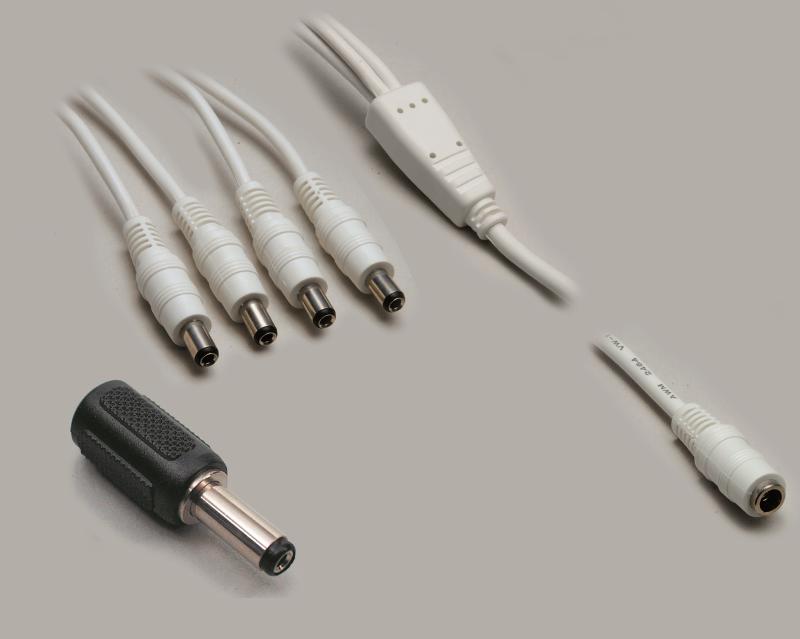 dc set, dc splitter color white (1,1m) 1x jack 2,1/5,5mm to 4x plug 2,1/5,5mm + dc adaptor plug 2,1/5,5mm to jack 2,5/5,5mm