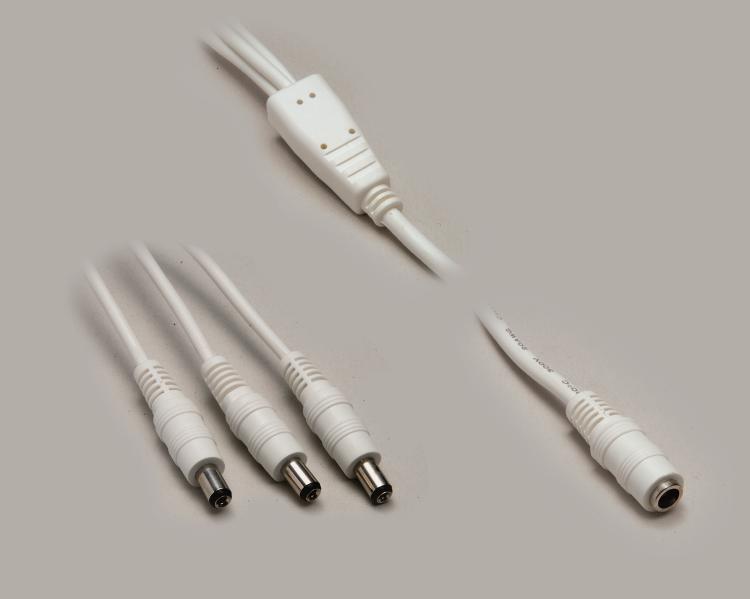 dc-splitter, dc jack 2,5/5,5mm to 3x dc plug 2,5/5,5mm, color white, length 350mm