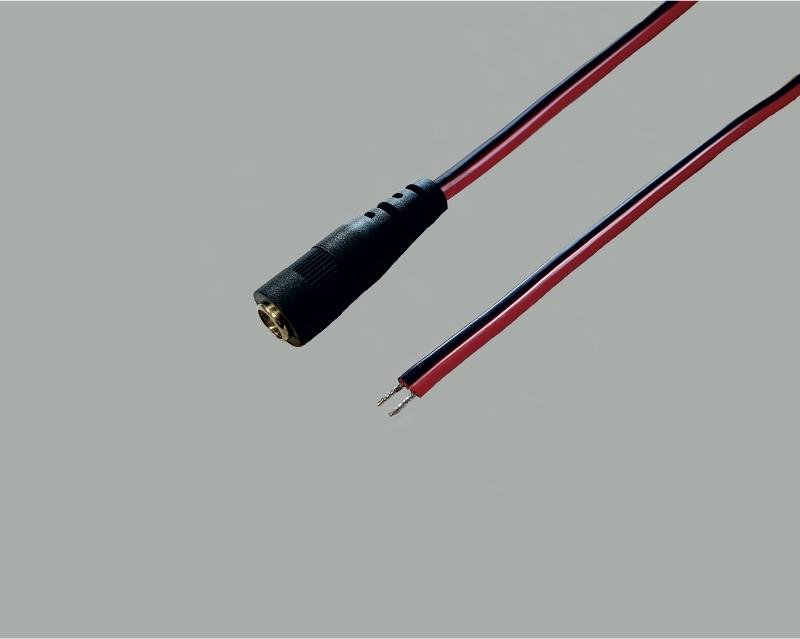low power cable with socket to stripped ends, low power socket 2,1x5,5mm, 2x0,40mm², black/red, 0,3m, tinned ends