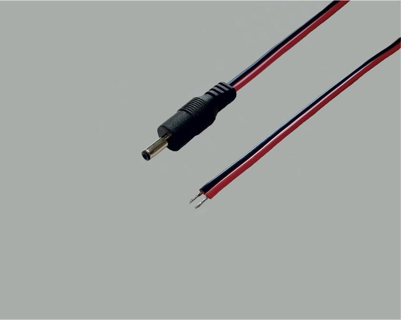 low power cable with plug to stripped ends, low power plug 1,1x3,5mm, 2x0,40mm², black/red, 0,3m, tinned ends