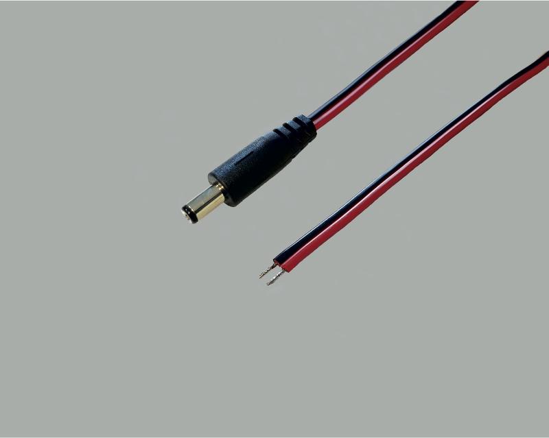 low power cable with plug to stripped ends, low power plug 2,1x5,5mm, 2x0,75mm², black/red, 0,3m, tinned ends