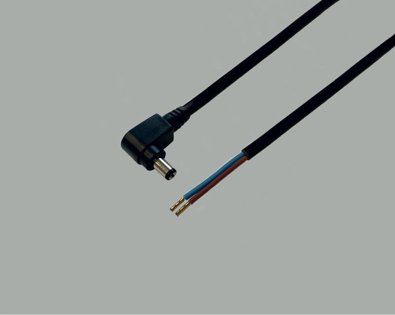 low power cable with plug to stripped ends, right angled low power plug 2,1x5,5mm, 2x0,5mm², black, 0,3m, with wire ferrules