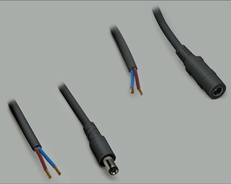 2x DC-Anschlusskabel Set auf offenes Ende, 2x0,5mm², schwarz, Aderendhülsen: 1x DC-Stecker gerade 2,5x5,5mm, 2m, 1xDC-Kupplung 2,5x5,5mm, 2,5m