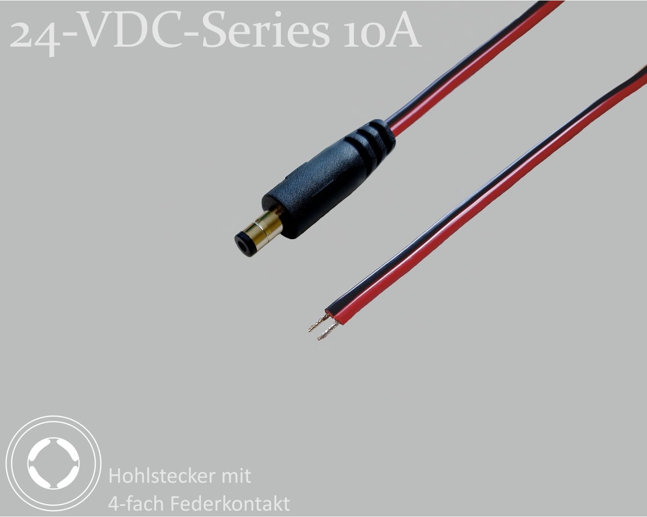 24-VDC-Series 10A, DC-Anschlusskabel, DC-Stecker mit 4-Federkontakt 2,1x5,5x9,5mm, Flachkabel 2x0,75mm², rot/schwarz, verzinnte Enden, 0,75m