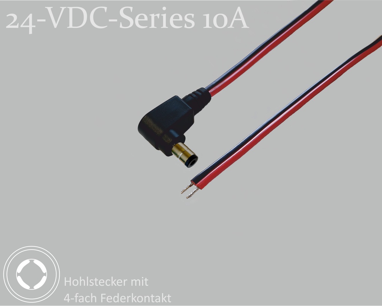24-VDC-Series 10A, DC-Anschlusskabel, DC-Winkelstecker mit 4-Feder-Kontakt 2,1x5,5x9,5mm, Flachkabel 2x0,75mm², rot/schwarz, verzinnte Enden, 0,75m