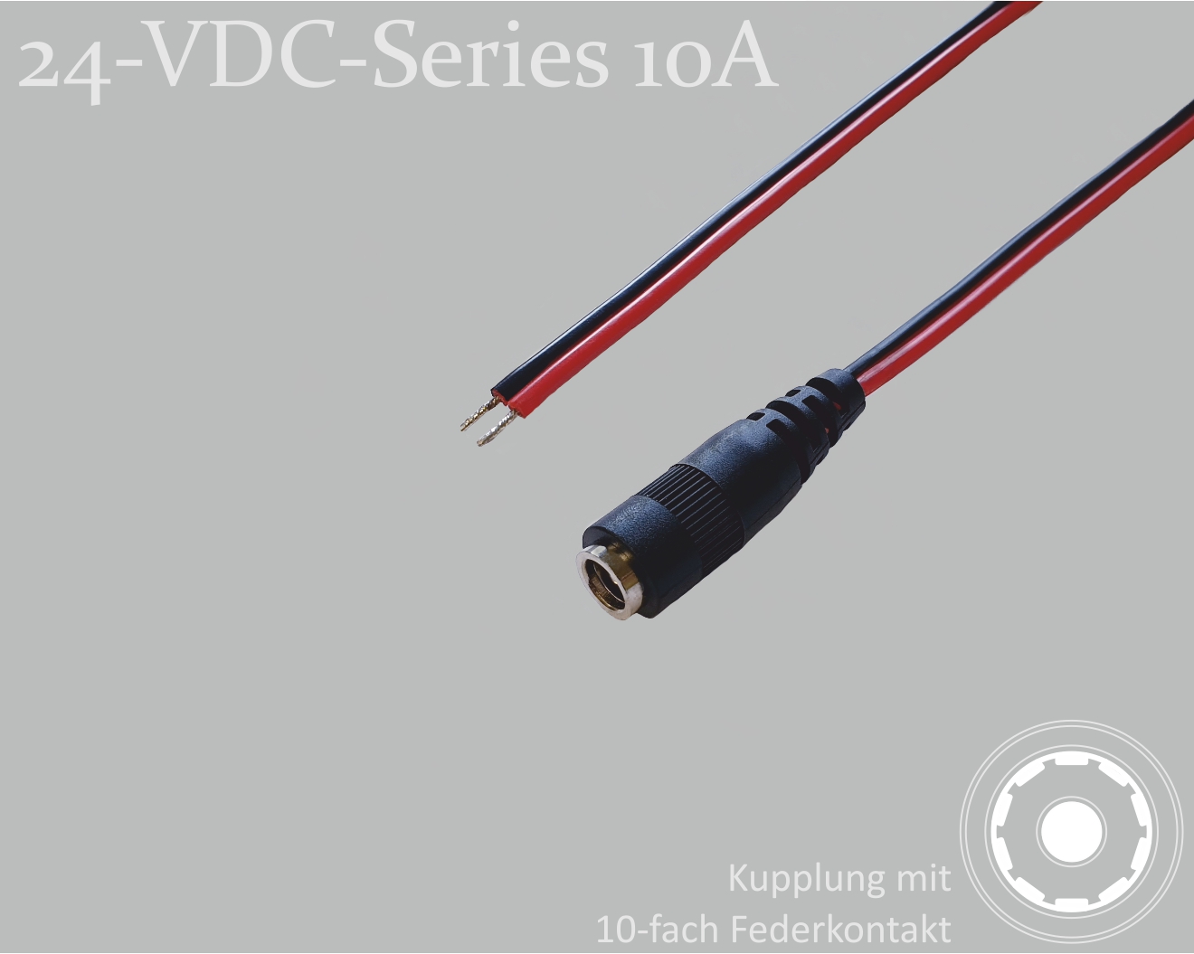 24-VDC-Series 10A, DC-Anschlusskabel, DC-Kupplung mit 10-Federkontakt 2,1x5,5mm, Flachkabel 2x0,75mm², rot/schwarz, verzinnte Enden, 0,75m