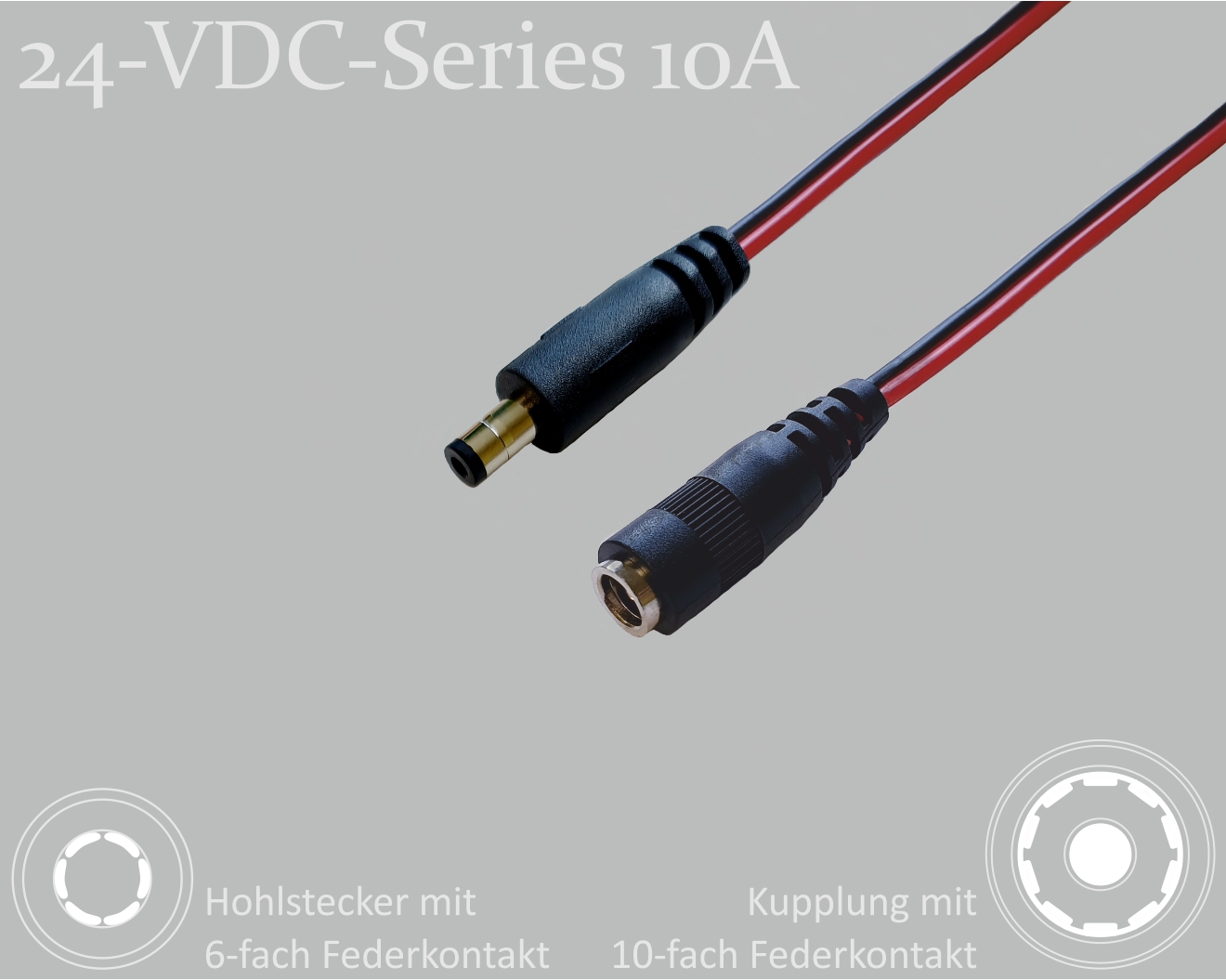 24-VDC-Series 10A, DC extension cable, DC male with 4-spring contact 2.5x5.5x9.5mm to DC female with 10-spring contact 2.5x5.5mm, flat cable 2x0.75mm², red/black, 4 m