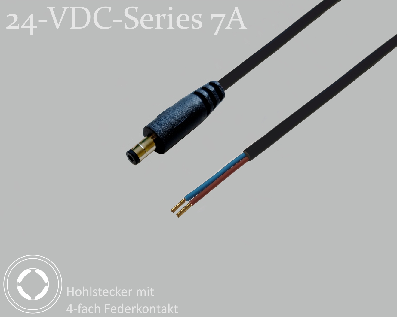 24-VDC-Series 7A, DC-Anschlusskabel, DC-Stecker mit 4-Federkontakt 2,1x5,5x9,5mm, Rundkabel 2x0,50mm², schwarz, Aderendhülsen, 0,75m