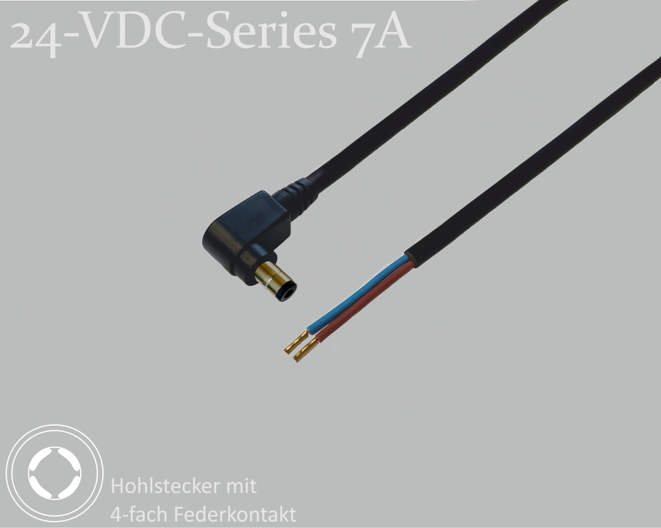 24-VDC-Series 7A, DC-Anschlusskabel, DC-Winkelstecker mit 4-Federkontakt 2,1x5,5x9,5mm, Rundkabel 2x0,50mm², schwarz, Aderendhülsen, 0,75m