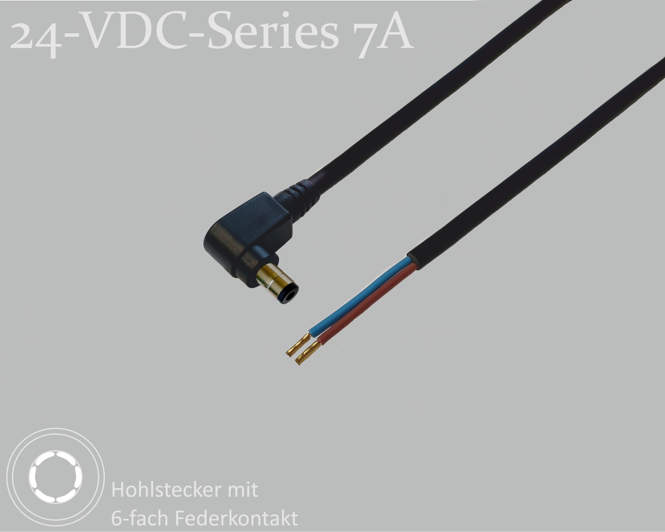 24-VDC-Series 7A, DC-Anschlusskabel, DC-Winkelstecker mit 6-Federkontakt 2,5x5,5x9,5mm, Rundkabel 2x0,50mm², schwarz, Aderendhülsen, 1,5m