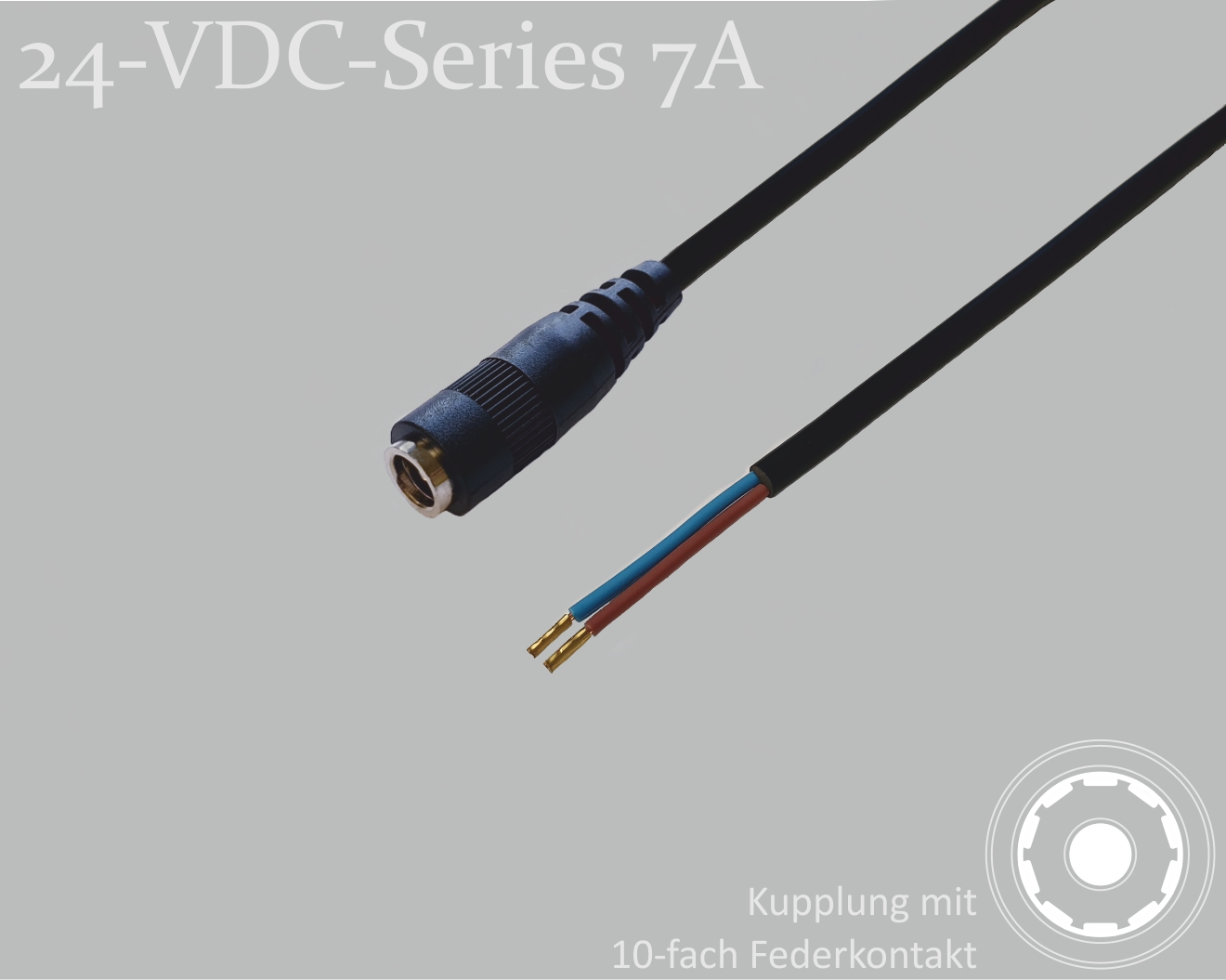 24-VDC-Series 7A, DC-Anschlusskabel, DC-Kupplung mit 10-Federkontakt 2,1x5,5mm, Rundkabel 2x0,50mm², schwarz, Aderendhülsen, 0,75m
