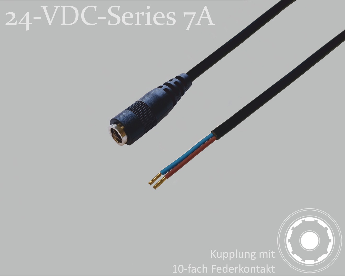 24-VDC-Series 7A, DC-Anschlusskabel, DC-Kupplung mit 10-Federkontakt 2,1x5,5mm, Rundkabel 2x0,50mm², schwarz, Aderendhülsen, 1,5m
