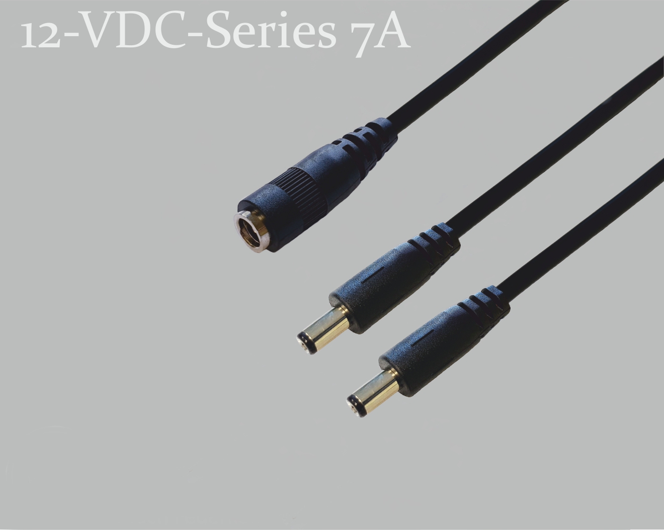 12-VDC-Series 7A, DC-Verteiler 1x DC-Kupplung auf 2x DC-Stecker mit Federkontakt,  2,1x5,5mm, Rundkabel 2x0,5mm², schwarz, 0,3m