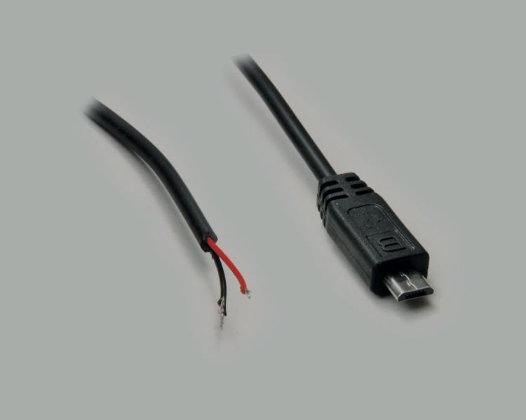round USB cable AWG 24, Micro USB-B plug 5-pin to stripped(25mm) and tinned(3mm) ends, 2-pin use, black, cable-Ø 3,5mm, length 1,8m
