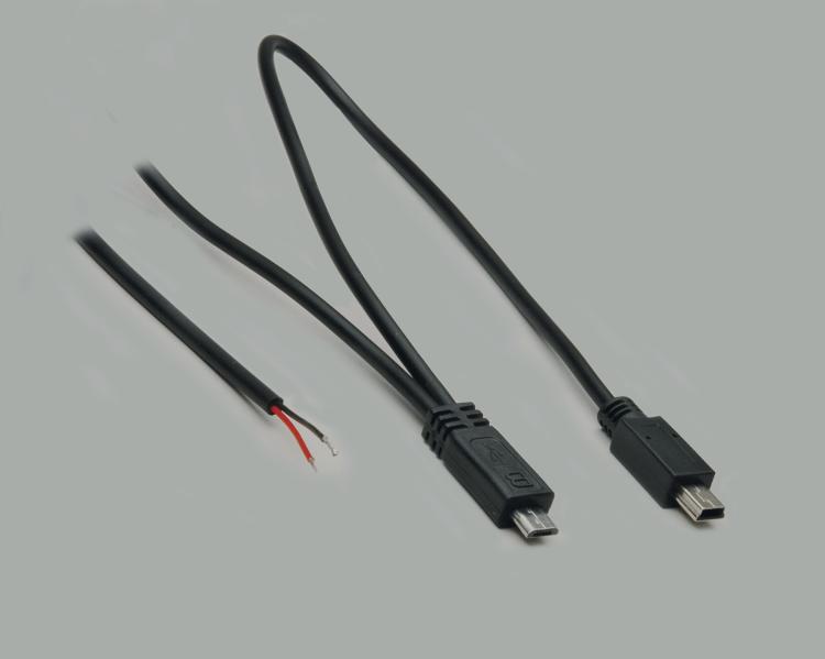 round USB cable AWG 24, Micro USB-B plug 5-pin + Mini USB-B plug to stripped(25mm) and tinned(3mm) ends, 2-pin use, black, cable-Ø 3,5mm, length 1,5m