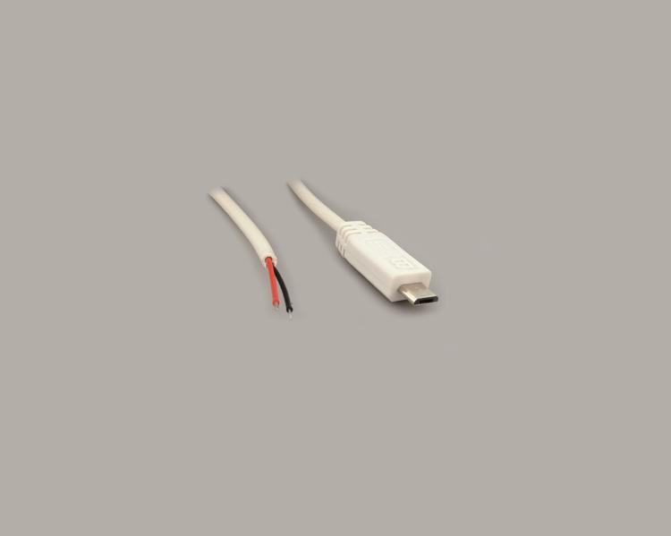round USB cable AWG 24, Micro USB-B plug 5-pin to stripped(25mm) and tinned(3mm) ends, 2-pin use, white, cable-Ø 3,5mm, length 1,8m