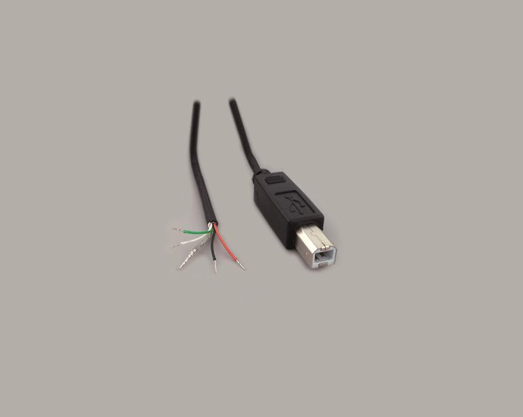 USB 2.0 type b plug to tripped and tinned ends, black, 1800mm