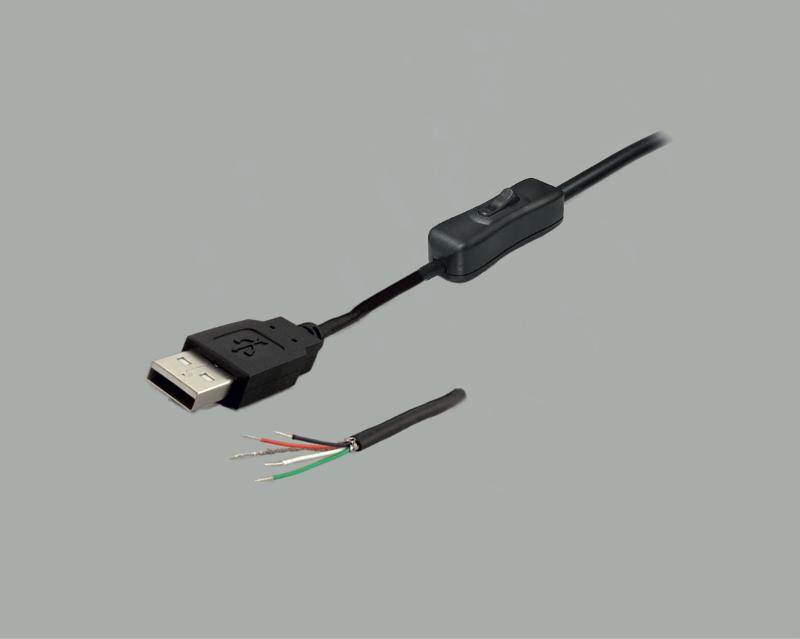 USB-connection cable USB-A Plug to open end with switch, 5-pins connected, 1,8m, black, stripped and tinned