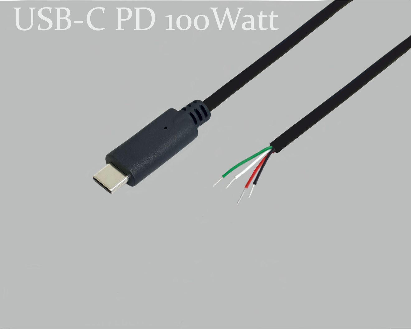 USB-C Anschlusskabel, PD Power Delivery 100W(5A/20V) mit E-Mark Chip zum schnell laden, USB-C-Stecker gerade auf offenes Ende, 0,2m, schwarz, abgemantelt und verzinnt