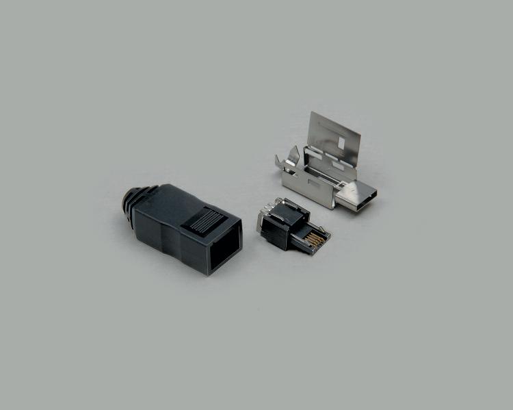 Micro USB-A plug, 5-pin, gold plated contacts, with housing