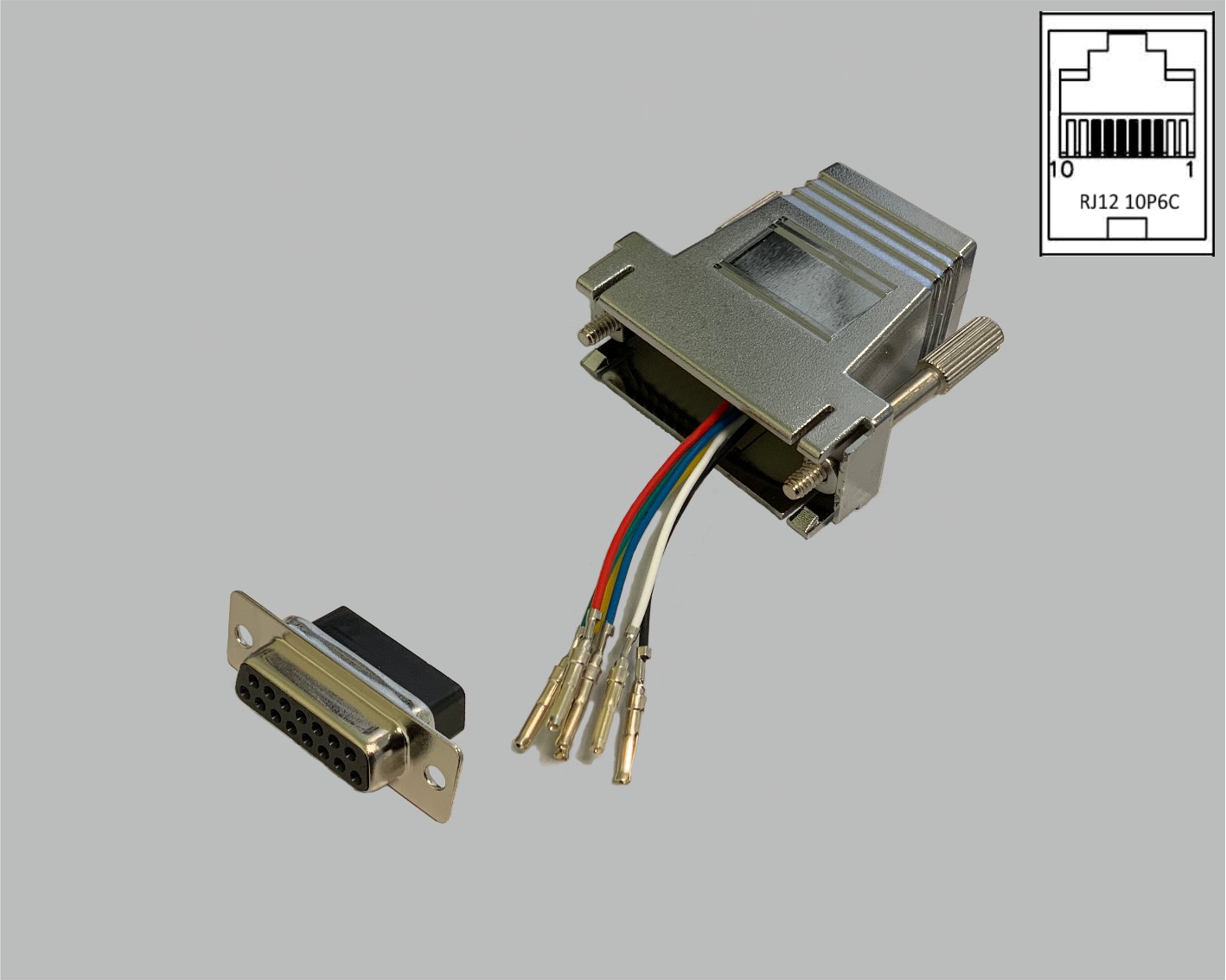 D-Sub/RJ adapter, freely configurable, D-Sub female connector 15-pole to RJ12 (10P6C) female connector, metallised