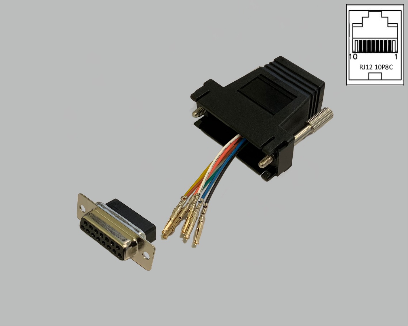 D-Sub/RJ Adapter frei konfektionierbar, D-Sub Buchsenleiste 15-polig auf RJ45 (10P8C) Kupplung, schwarz