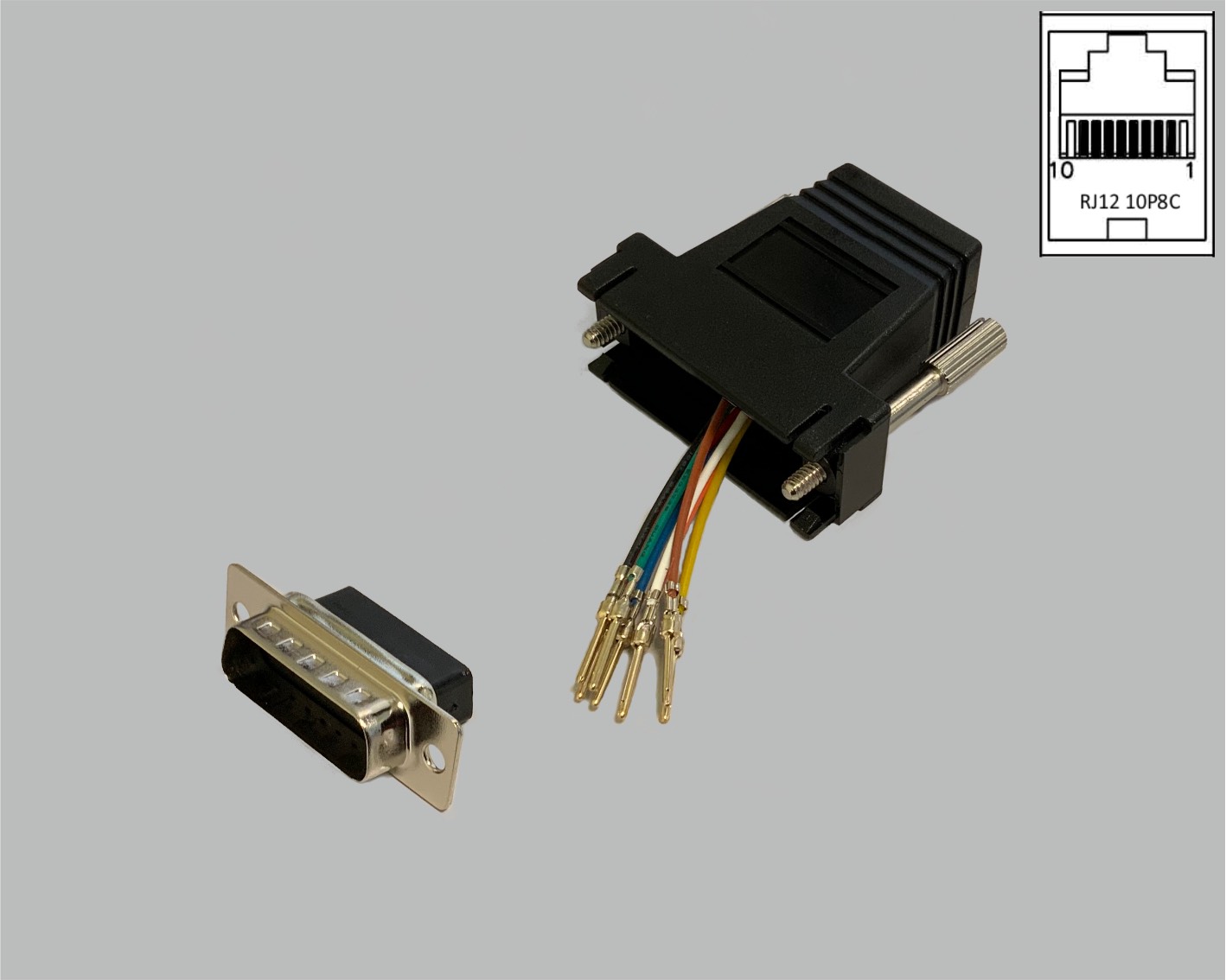 D-Sub/RJ Adapter frei konfektionierbar, D-Sub Stiftleiste 15-polig auf RJ45 (10P8C) Kupplung, schwarz