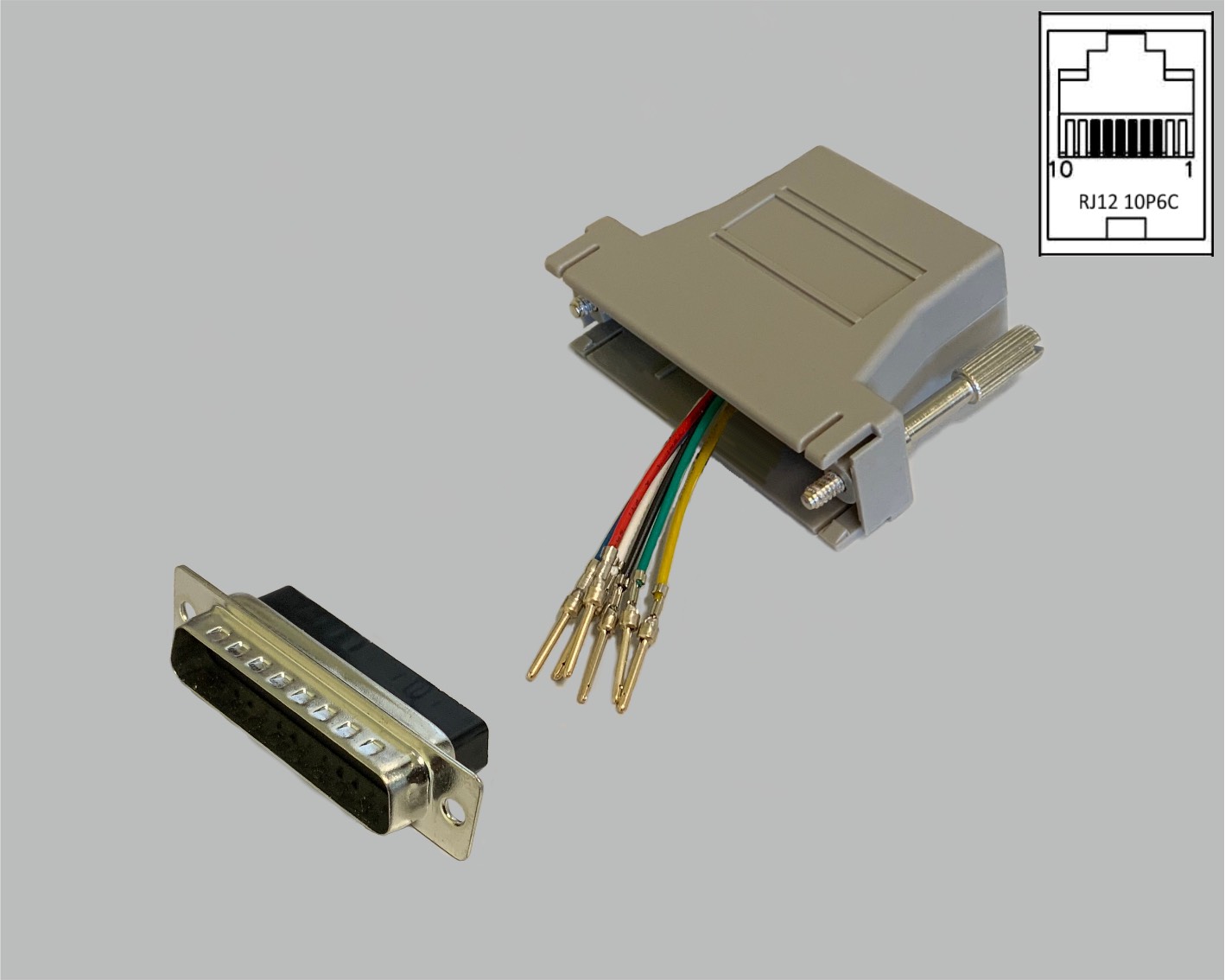 D-Sub/RJ Adapter frei konfektionierbar, D-Sub Stiftleiste 25-polig auf RJ12 (10P6C) Kupplung, grau