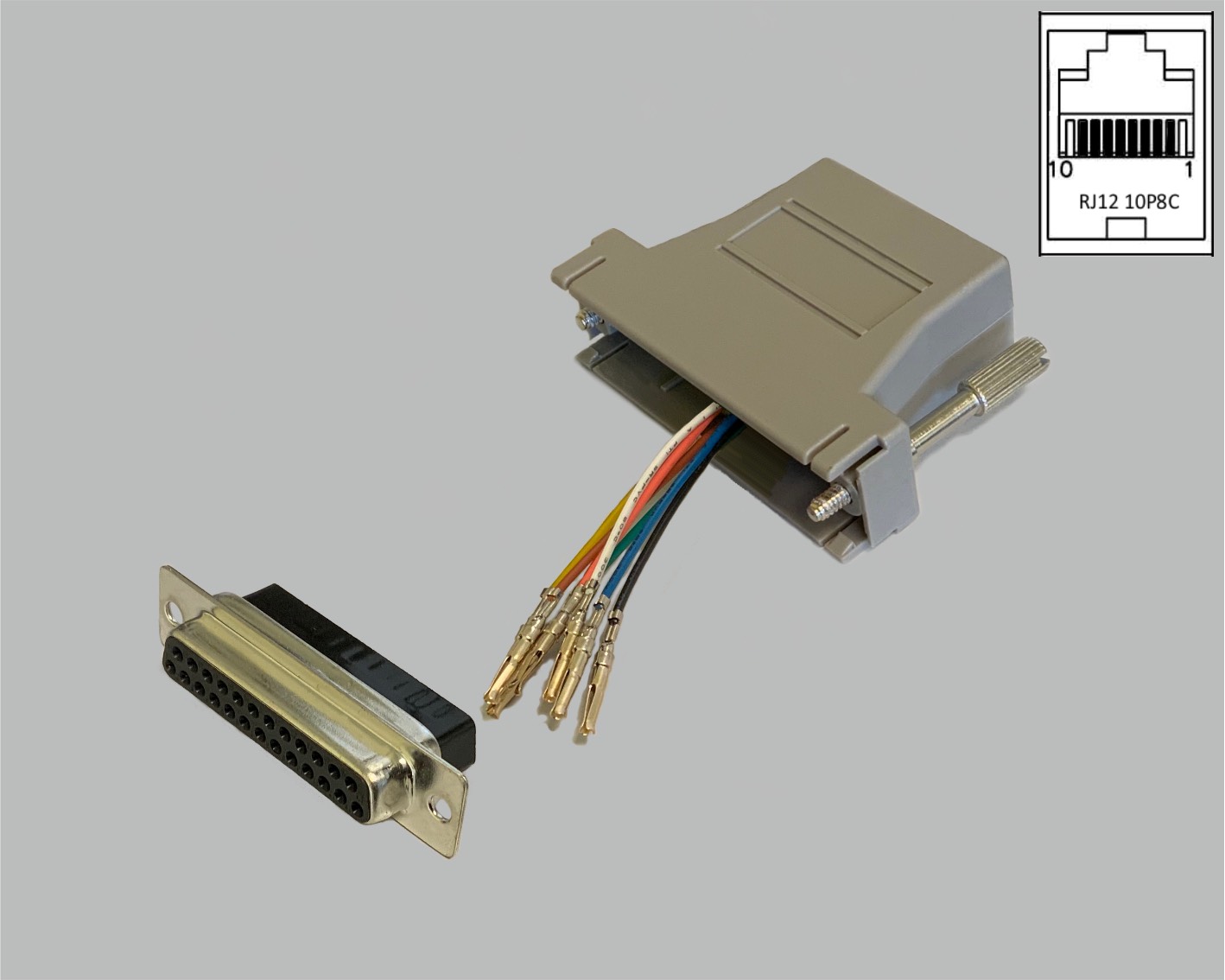 D-Sub/RJ Adapter frei konfektionierbar, D-Sub Buchsenleiste 25-polig auf RJ45 (10P8C) Kupplung, grau