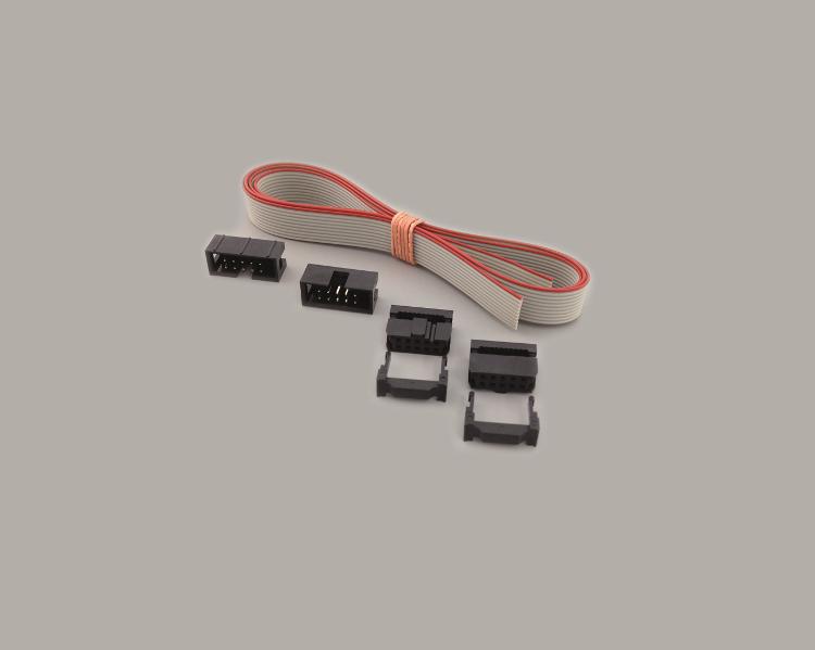 AWG 28-Set, 1m flat cable, grey, 16-pol., RM 1,27mm, 2x box header 2x8-pol. RM 2,54, 2x IDC socket, 2x8-pol. RM 2,54mm