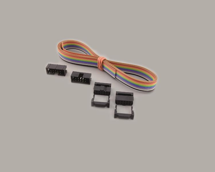 AWG 28-Set, 1m flat cable, colored, 10-pol., RM 1,27mm, 2x box header 2x5-pol. RM 2,54, 2x IDC socket, 2x5-pol. RM 2,54mm