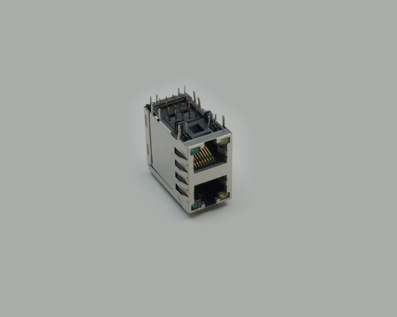 build-in modular socket, 2x8-pin, 8P/8C (RJ45), PCB type 90°, shielded, metal type, with 4x LEDs, 2x green and 2x yellow