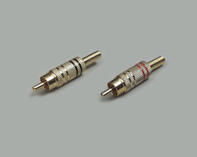 RCA plug, metal, high-end design, anti-kink protection, gold plated contacts, black color ring, cable-Ø 6mm