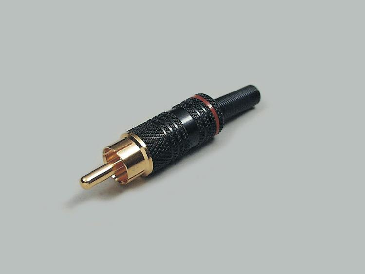 RCA plug, metal, high-end design, anti-kink protection, gold plated contacts, black housing, white color ring, cable-Ø 4mm