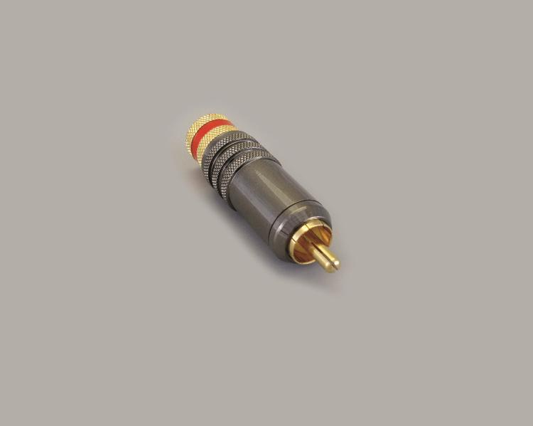 RCA plug, metal, gold plated, red ring, screw type, cable max. 9mm
